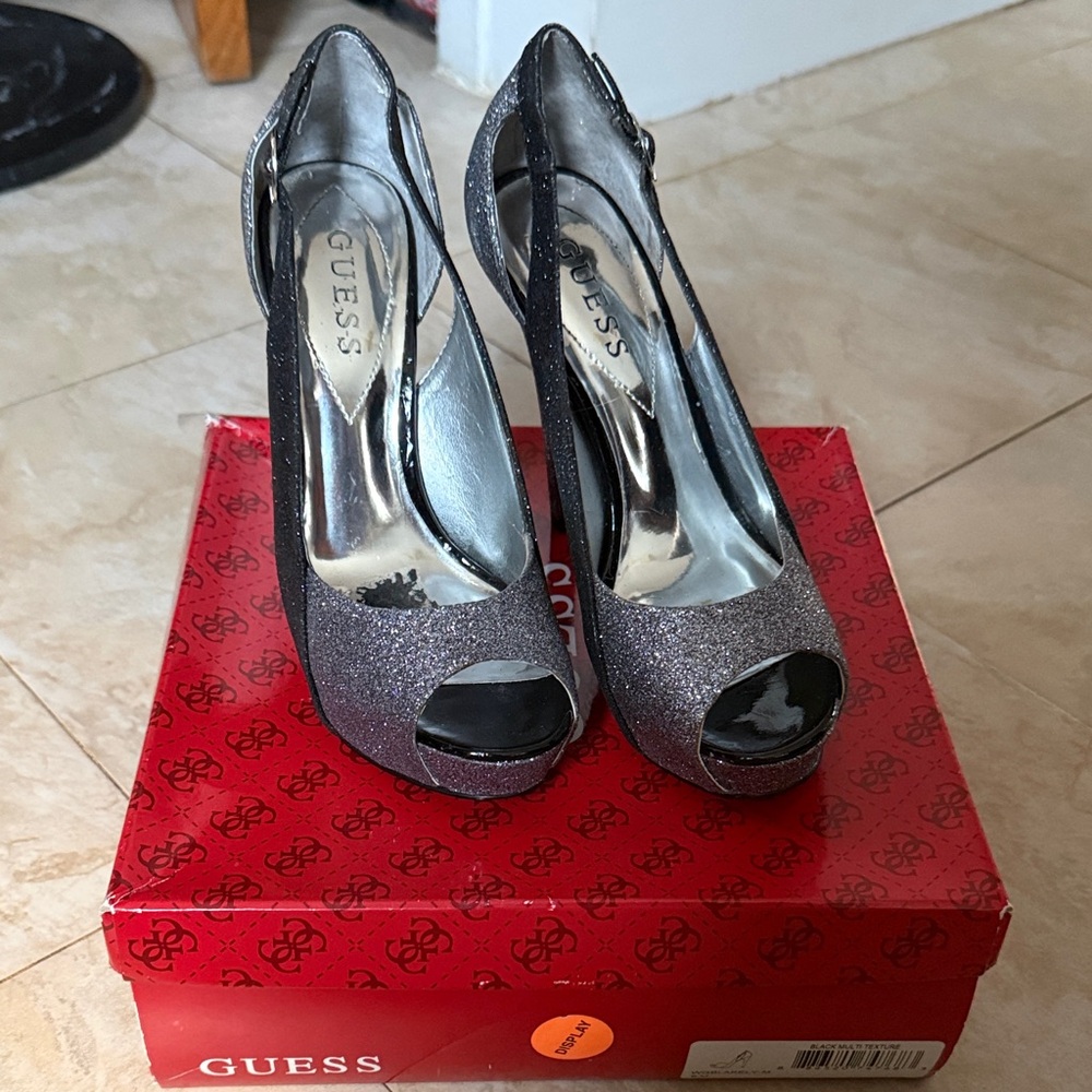 GUESS Silver and Black Peep Toe Heels